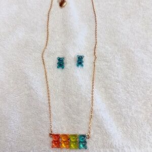 Colorful Bear Pendant Necklace and Earrings Set